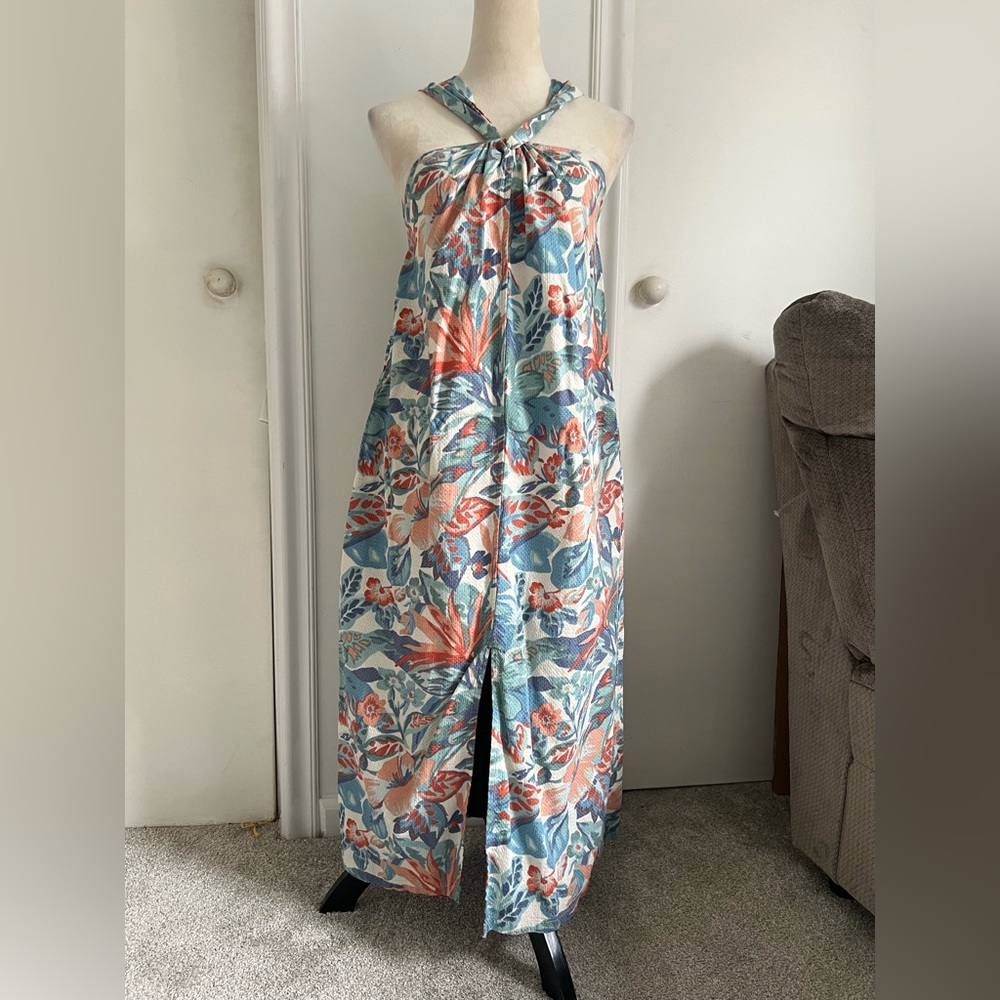 Faherty Tropical Floral Halter Maxi Dress in Coral and Teal